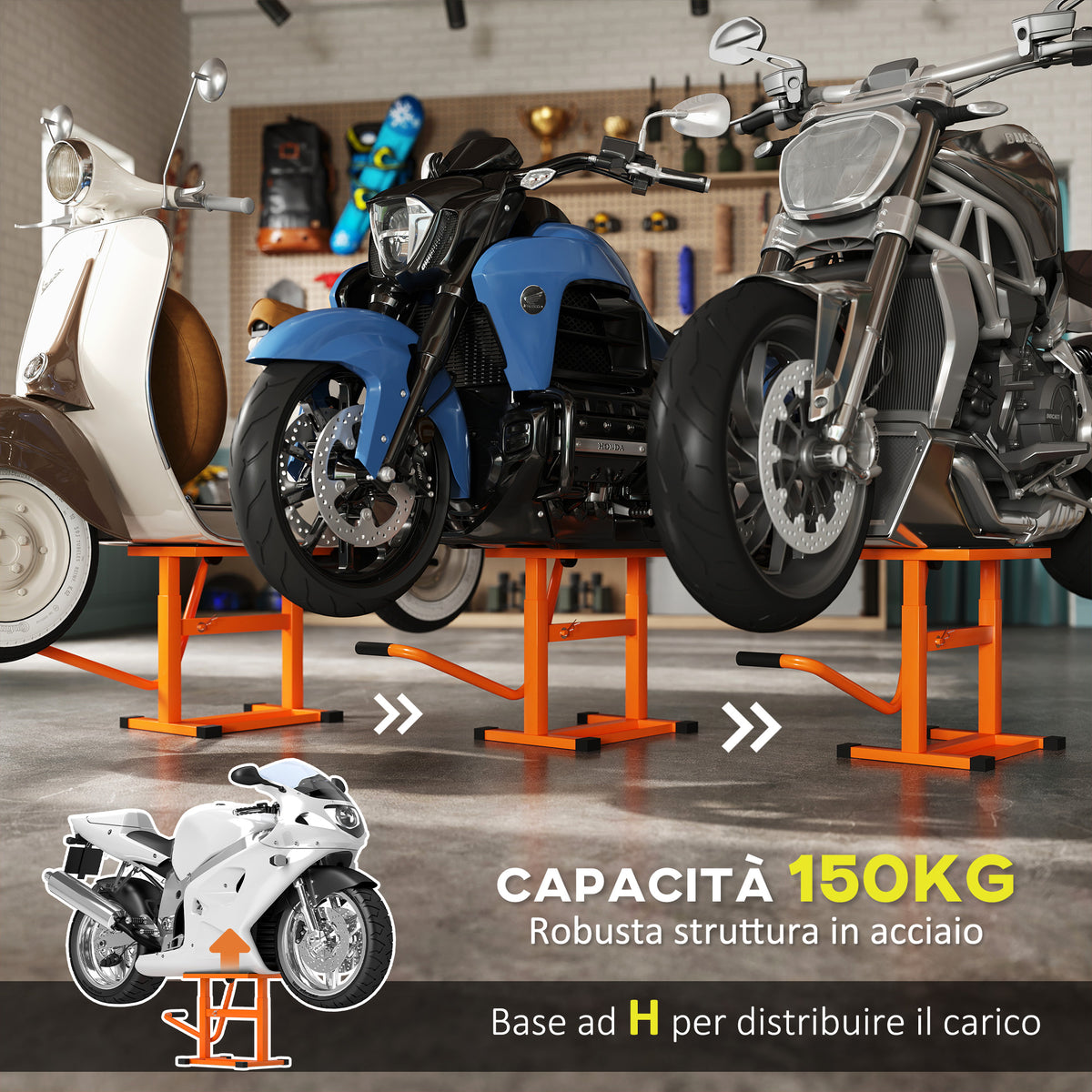 Cavalletto Alzamoto max 150 kg in Metallo con Superficie in Gomma e Manovella, 48x34x43 cm, Arancione