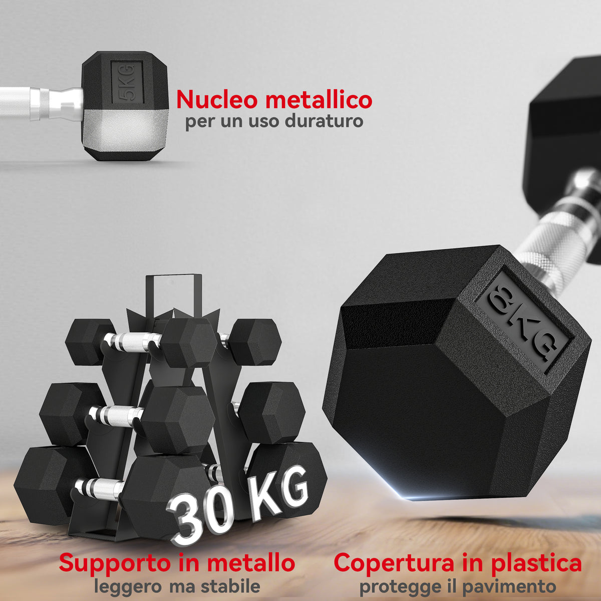 Set di Manubri Palestra con Supporto in Metallo e Impugnatura Antiscivolo, 2x2kg, 2x5kg, 2x8kg, Nero