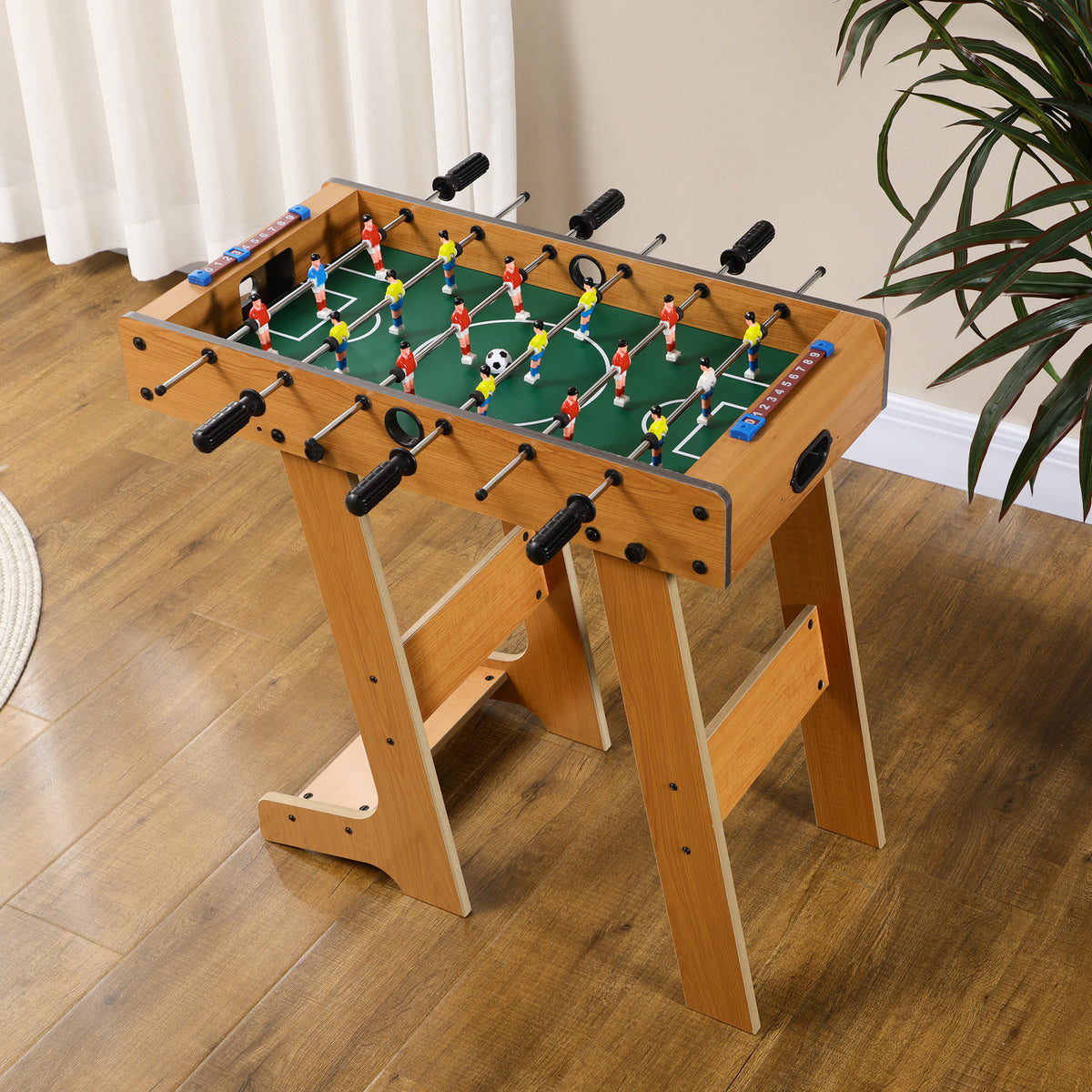 Calcio Balilla Pieghevole in Legno con 6 Aste, 18 Giocatori e Segnapunti, 69x37x70cm