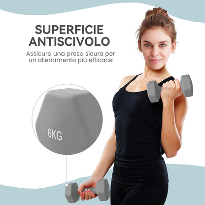 Set 2 Manubri Esagonali da 2x6 kg in Metallo e Plastica con Impugnatura Antiscivolo, 22x10x10 cm, Grigio