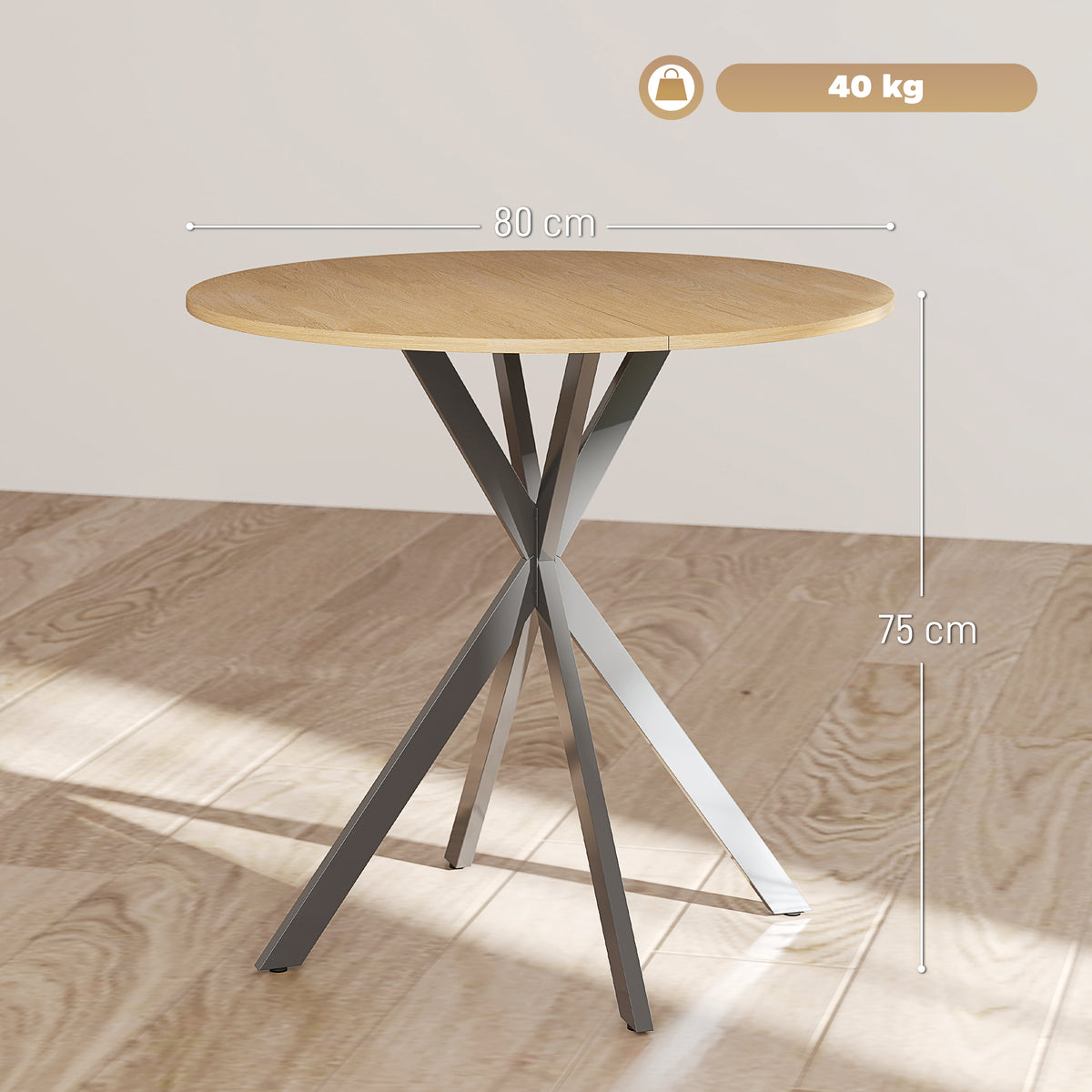 Tavolo da Pranzo Rotondo Stile Industriale con Gambe a Croce in Acciaio, 80x75 cm, Colore Quercia