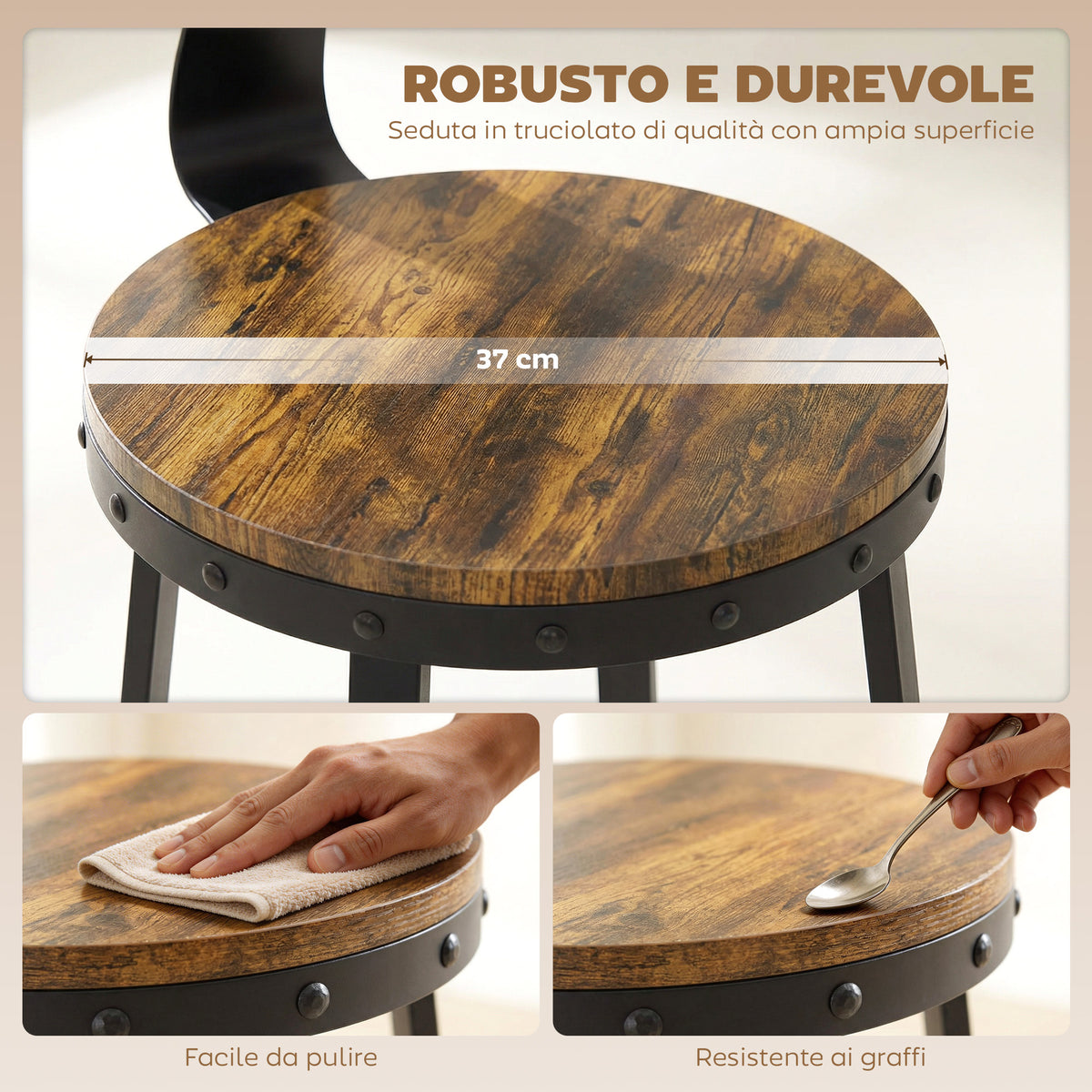 Set 2 Sgabelli da Bar Stile Rustico con Poggiapiedi, in Legno e Metallo, 37x47x96 cm, Marrone