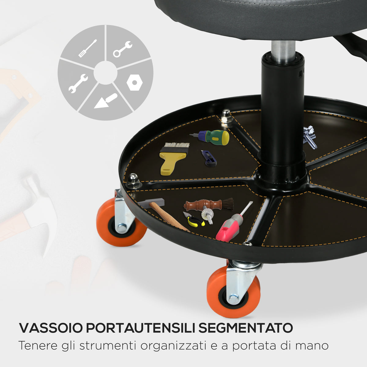 Sgabello da Officina con Ruote e Porta Attrezzi, Altezza Regolabile e Girevole, 40x25-48cm, Nero