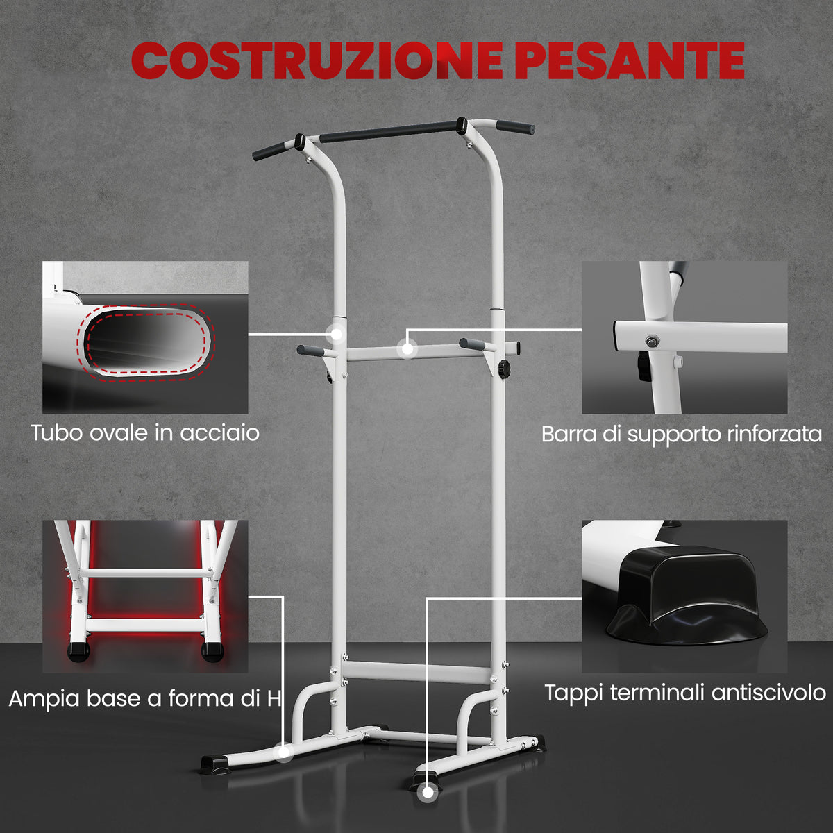Stazione Fitness con Barre per Dip e Trazioni, Altezza Regolabile 176.5-227 cm e Capacità 120 kg, Bianco
