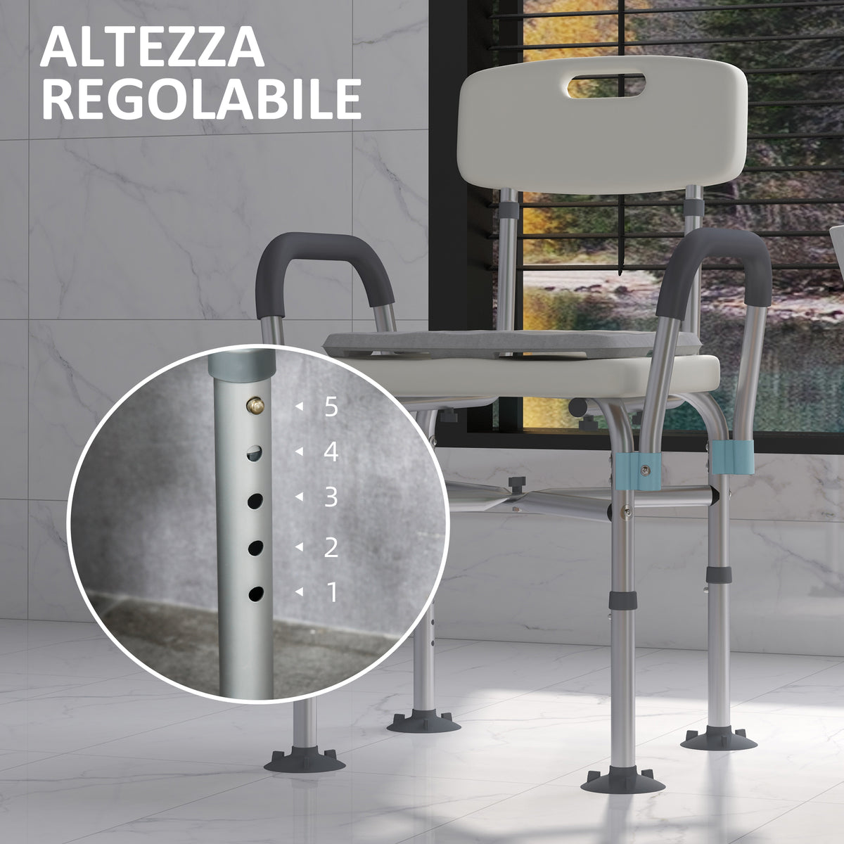 Sedia Doccia ad Altezza Regolabile con Braccioli e Cuscino Rimovibile 53.5x52x80-90 cm, Bianca