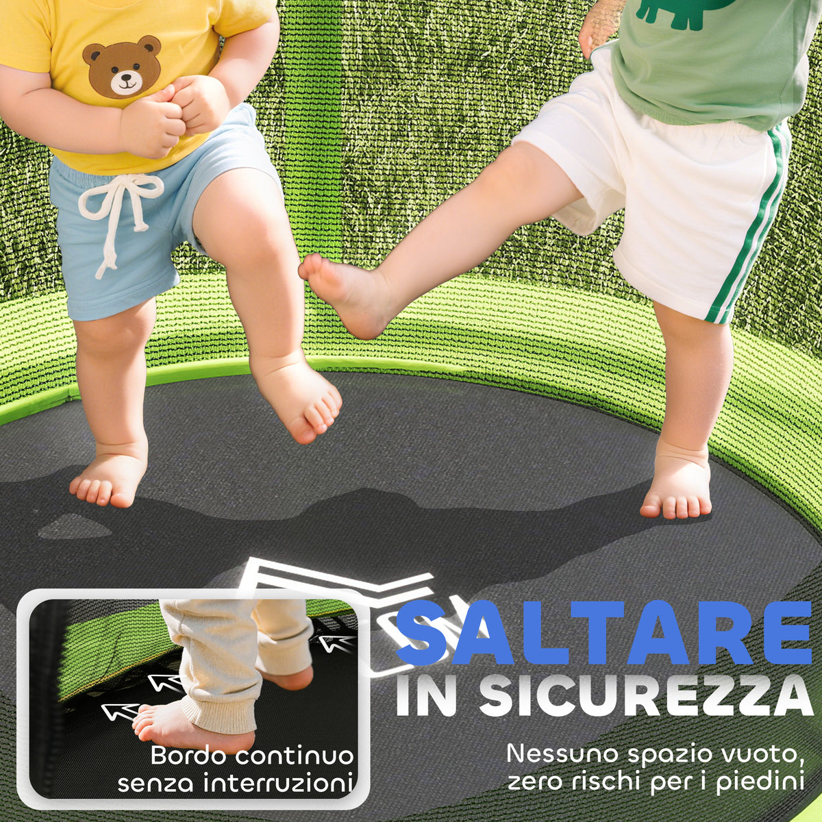Tappeto Elastico per Bambini 3-6 Anni con Rete di Protezione, 6 Colonne e 3 Ingressi, 140x190 cm, Verde e Nero