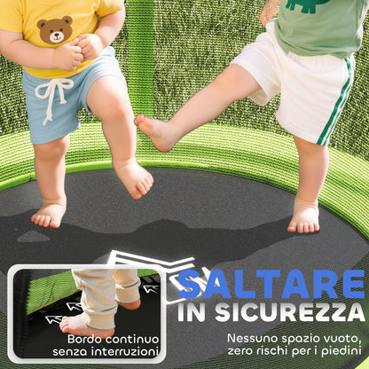Tappeto Elastico per Bambini 3-6 Anni con Rete di Protezione, 6 Colonne e 3 Ingressi, 140x190 cm, Verde e Nero