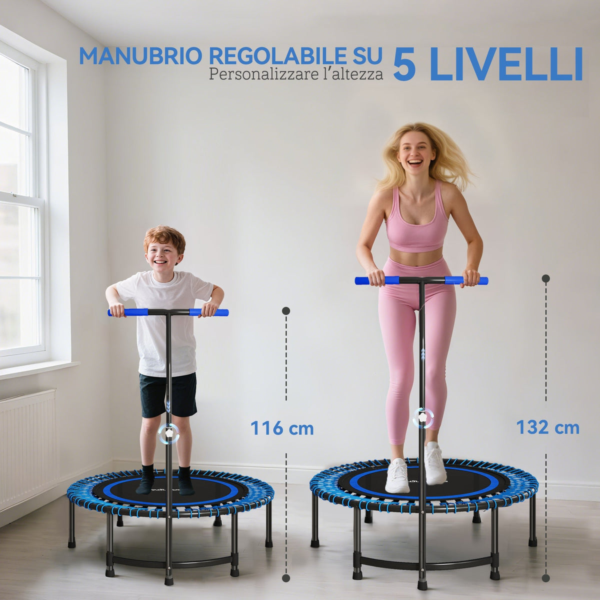 Trampolino Fitness 145 cm con Manubrio Regolabile su 5 Posizioni, 36 Molle Bungee e Capacità 200 kg, Blu