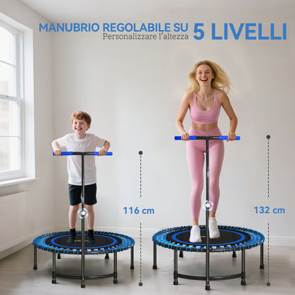 Trampolino Fitness 145 cm con Manubrio Regolabile su 5 Posizioni, 36 Molle Bungee e Capacità 200 kg, Blu