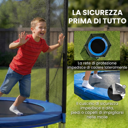 Trampolino Elastico con Scaletta e Rete di Sicurezza, in Acciaio e Plastica, 180x200 cm, Blu