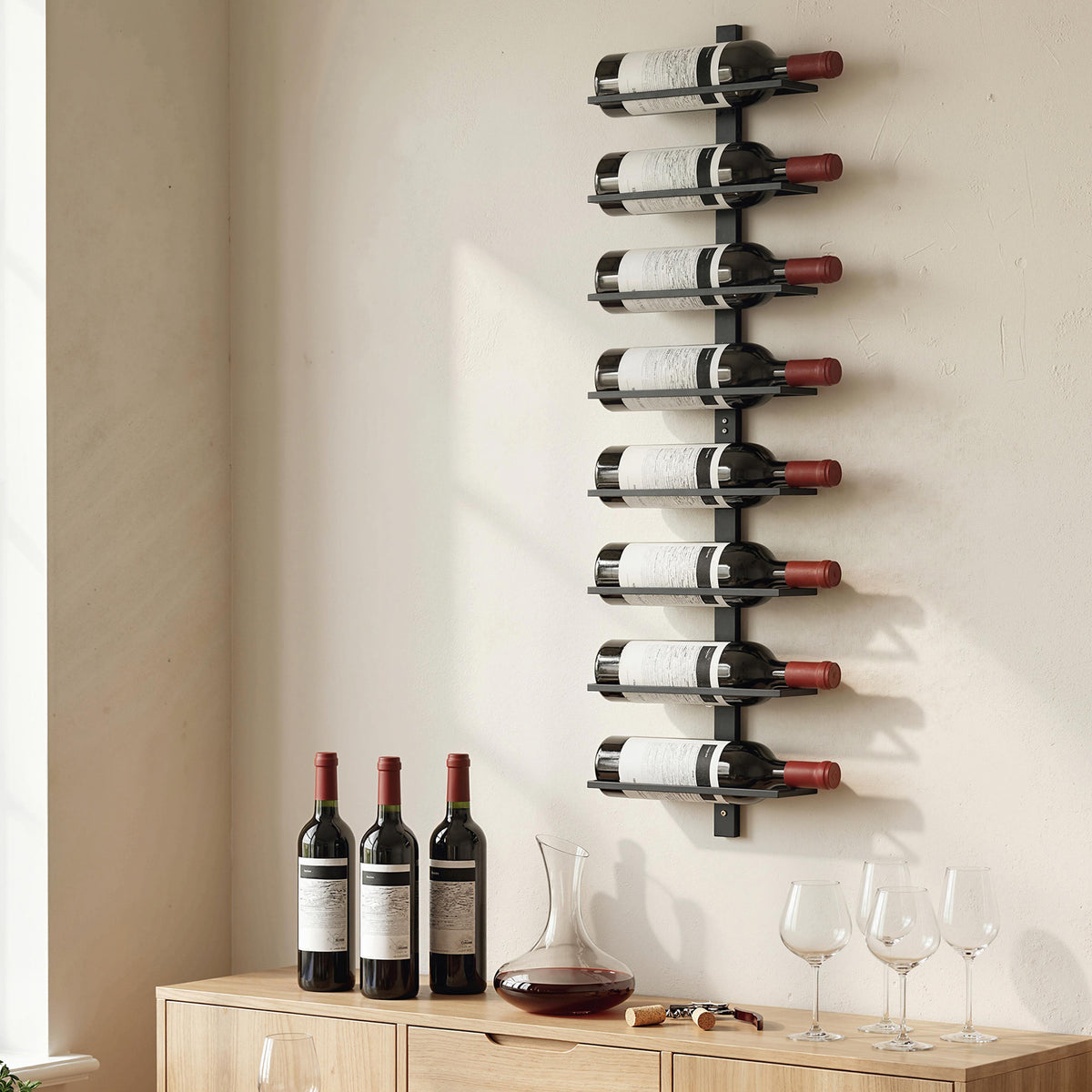 Portabottiglie da Parete in Acciaio per 8 Bottiglie di Vino, Cucina e Sala, 27x10x93.5 cm, Nero