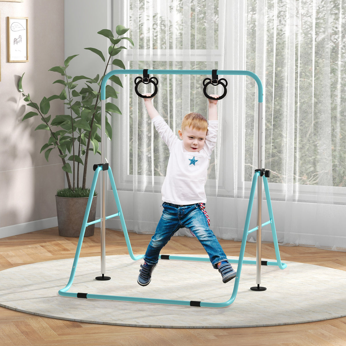 Sbarra Ginnastica Artistica per Bambini ad Altezza Regolabile con 2 Anelli, in Acciaio, Verde Chiaro