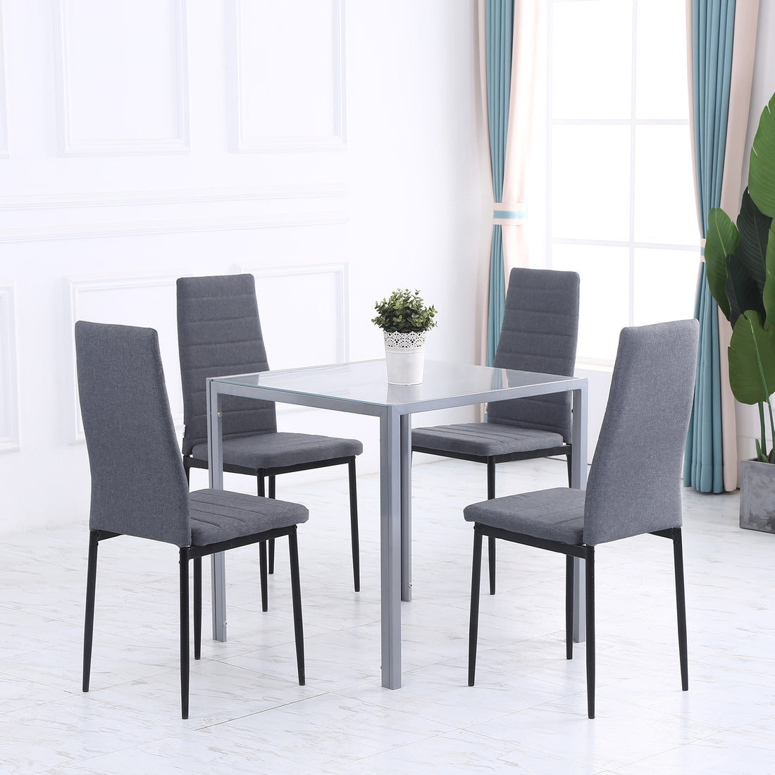 Tavolo Quadrato da 4 Persone per Cucina e Soggiorno, Tavolo Moderno in Metallo e Vetro Temperato, 75x75x75 cm, Grigio