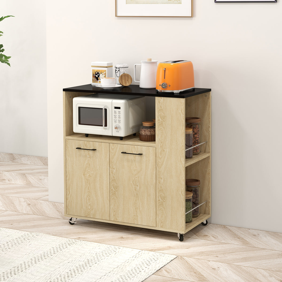 Carrello da Cucina in Truciolato con Ripiano Aperto, Armadietto a 2 Ante e Scaffale Laterale, 75x40x80.5 cm