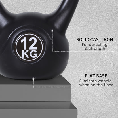 Kettlebell 12kg per Sport e Fitness con Base Piatta e Impugnatura, Kettlebell Pesi per Allenamento Home Gym Casa e Palestra, 27x21x31 cm, Nero