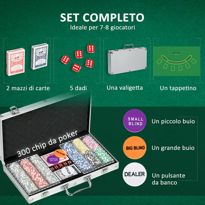Set Poker per 7-8 Giocatori con 300 Fiches, 2 Mazzi di Carte e 5 Dadi, in Alluminio e Poliestere