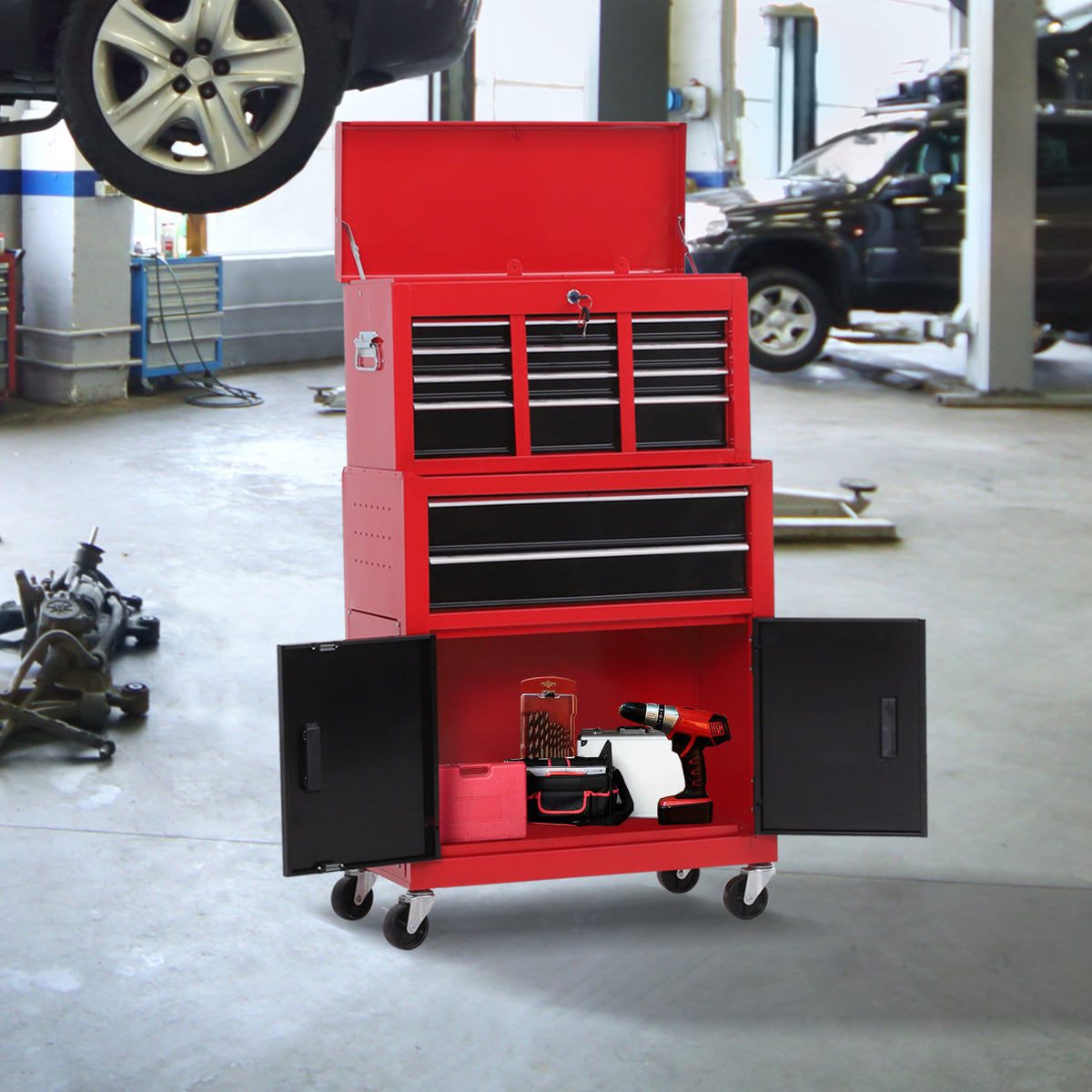Carrello Porta Attrezzi 2 in 1 con Cassetta Superiore e Armadietto Inferiore, in Metallo, 61.6x33x108 cm, Rosso