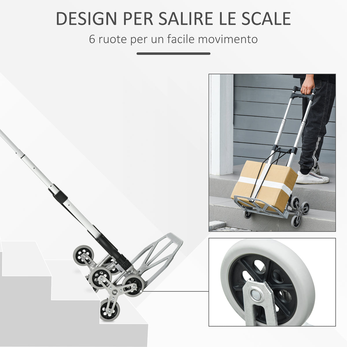 Carrello Portapacchi Pieghevole a 6 Ruote max 70 kg con Fune e Maniglia Estraibile, 47x47x100 cm, Nero e Argento