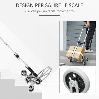 Carrello Portapacchi Pieghevole a 6 Ruote max 70 kg con Fune e Maniglia Estraibile, 47x47x100 cm, Nero e Argento