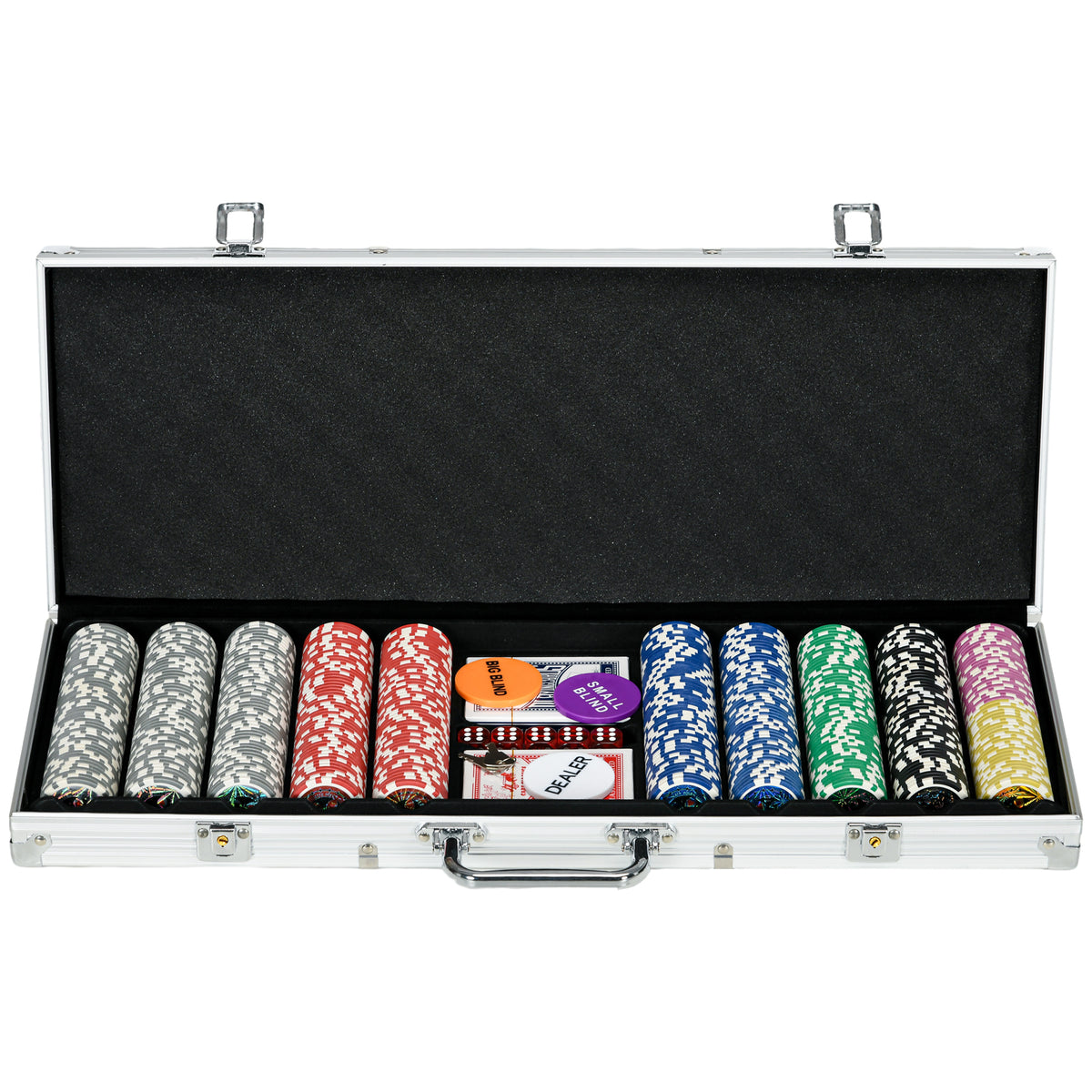 Set Poker per 9-10 Giocatori con 500 Fiches, 2 Mazzi di Carte e 5 Dadi, in Alluminio e Poliestere
