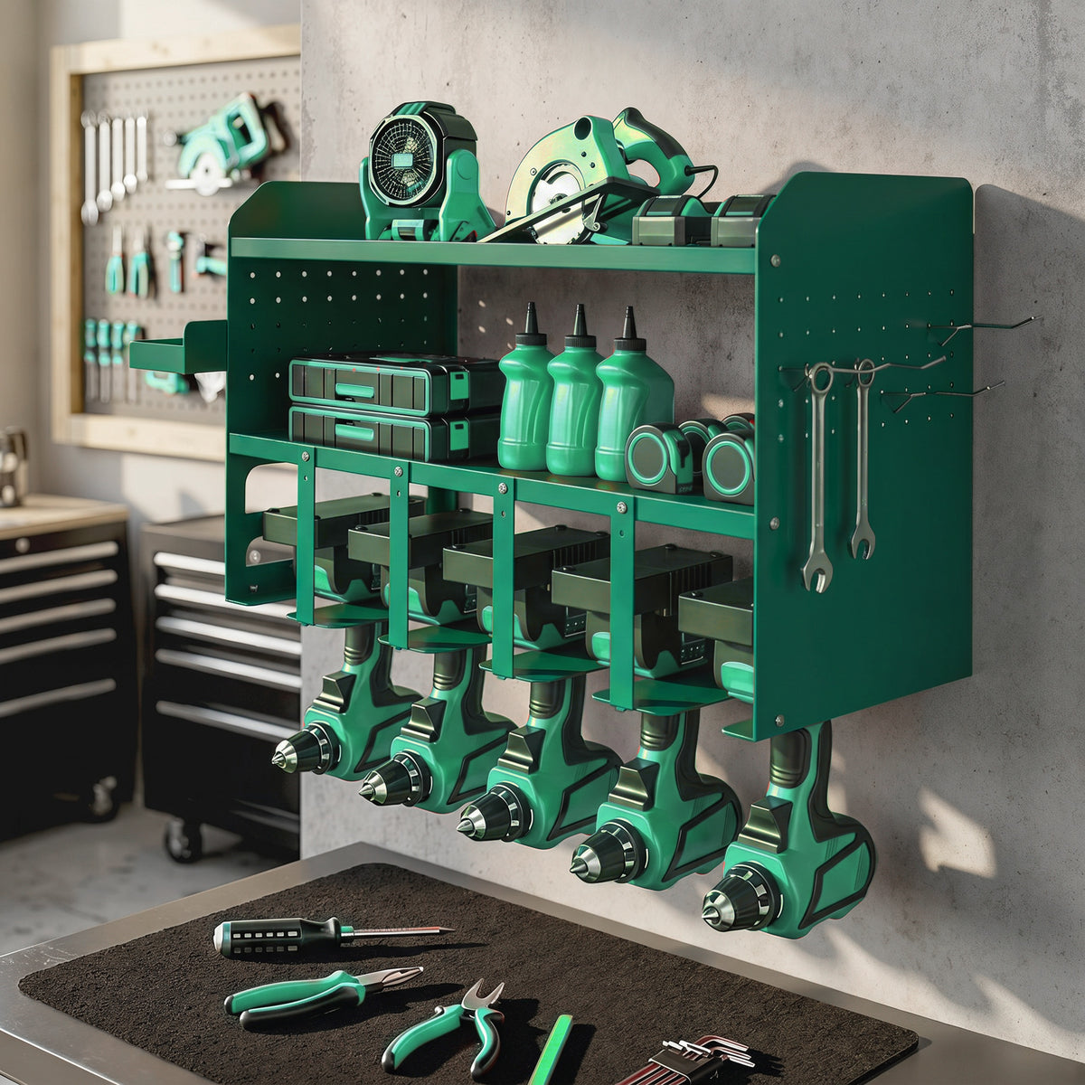 Porta Attrezzi con Supporto per 5 Trapani Elettrici e Vassoio Laterale, Verde
