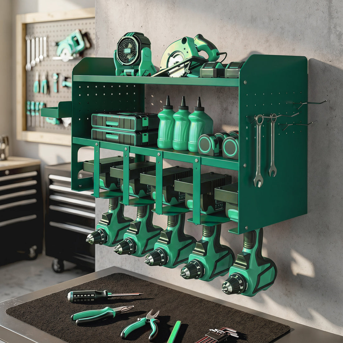 Porta Attrezzi con Supporto per 5 Trapani Elettrici e Vassoio Laterale, Verde