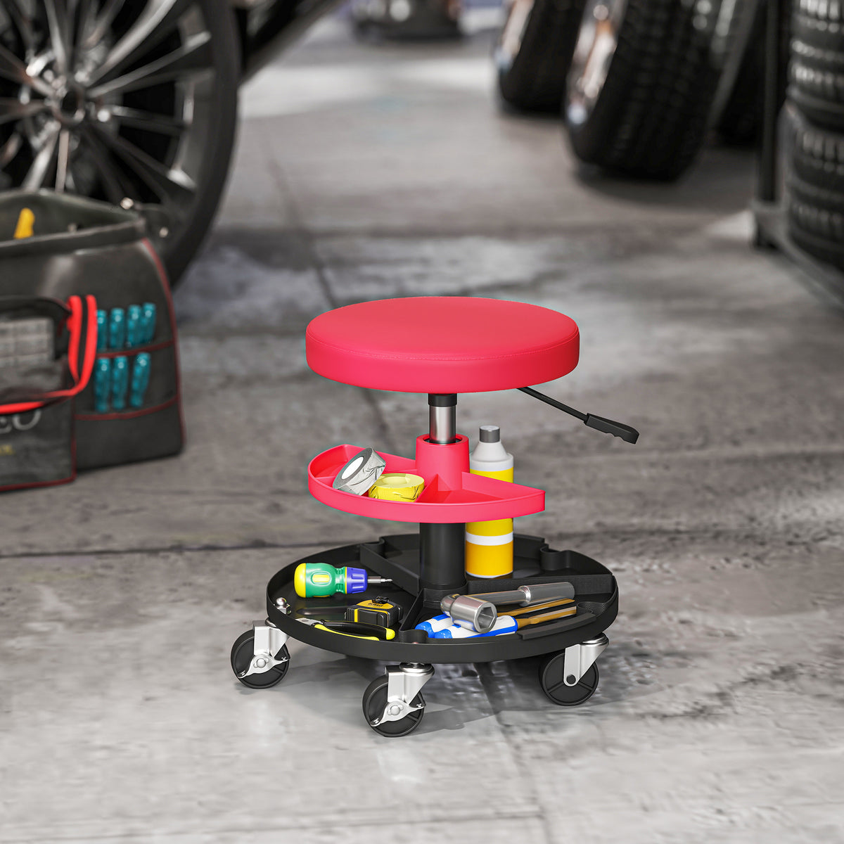 Sgabello da Officina con Ruote da 6 cm, Capacità fino a 135 kg, Altezza Regolabile 40-51 cm, con Vassoi Porta Utensili, Rosso