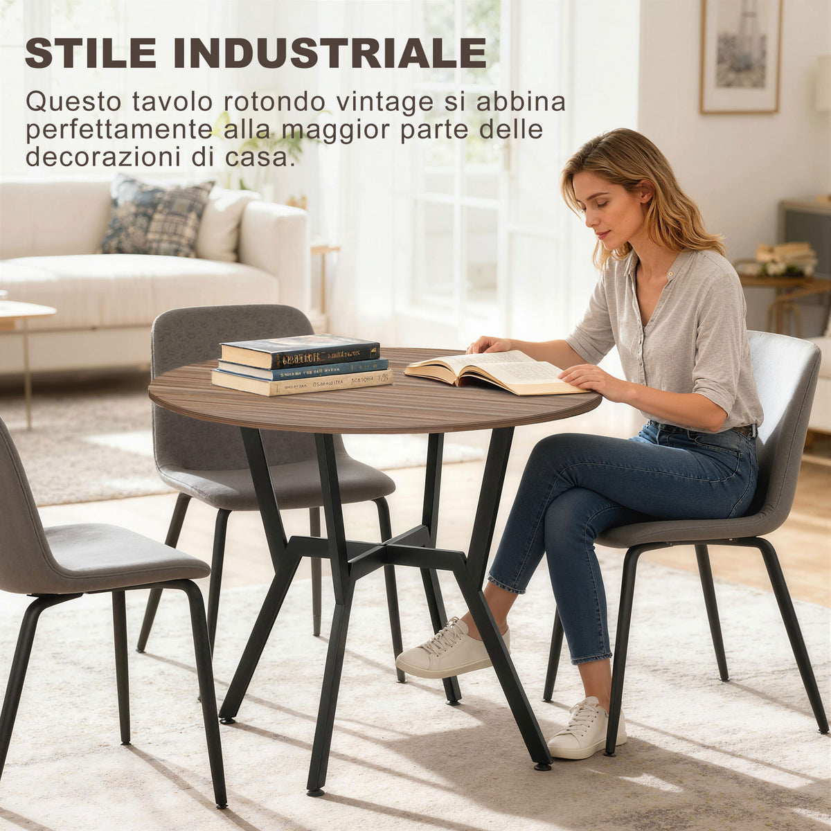 Tavolo Rotondo da Soggiorno per 2 Persone con Sostegno a X, in Legno e Acciaio, 90x76 cm, Nero e Marrone