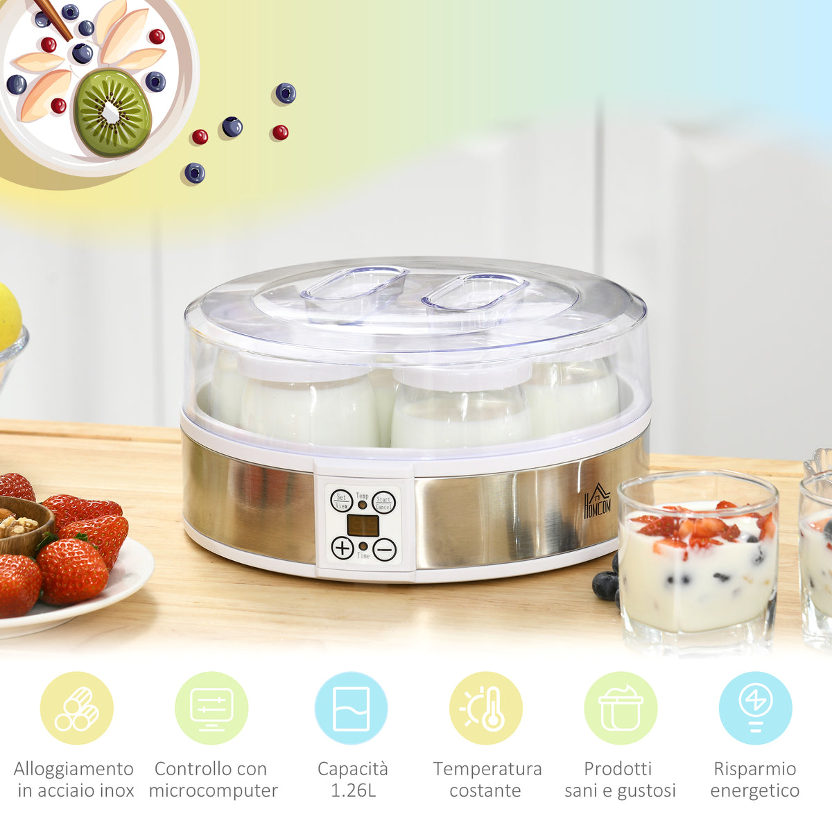 Yogurtiera 20W da 1.5L con 7 Vasetti e Display a Pulsanti, in Acciaio Inox e Plastica, 24x24x13 cm, Bianca
