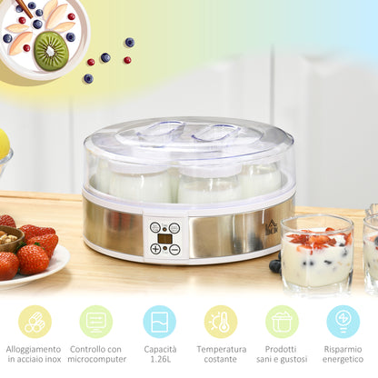 Yogurtiera 20W da 1.5L con 7 Vasetti e Display a Pulsanti, in Acciaio Inox e Plastica, 24x24x13 cm, Bianca