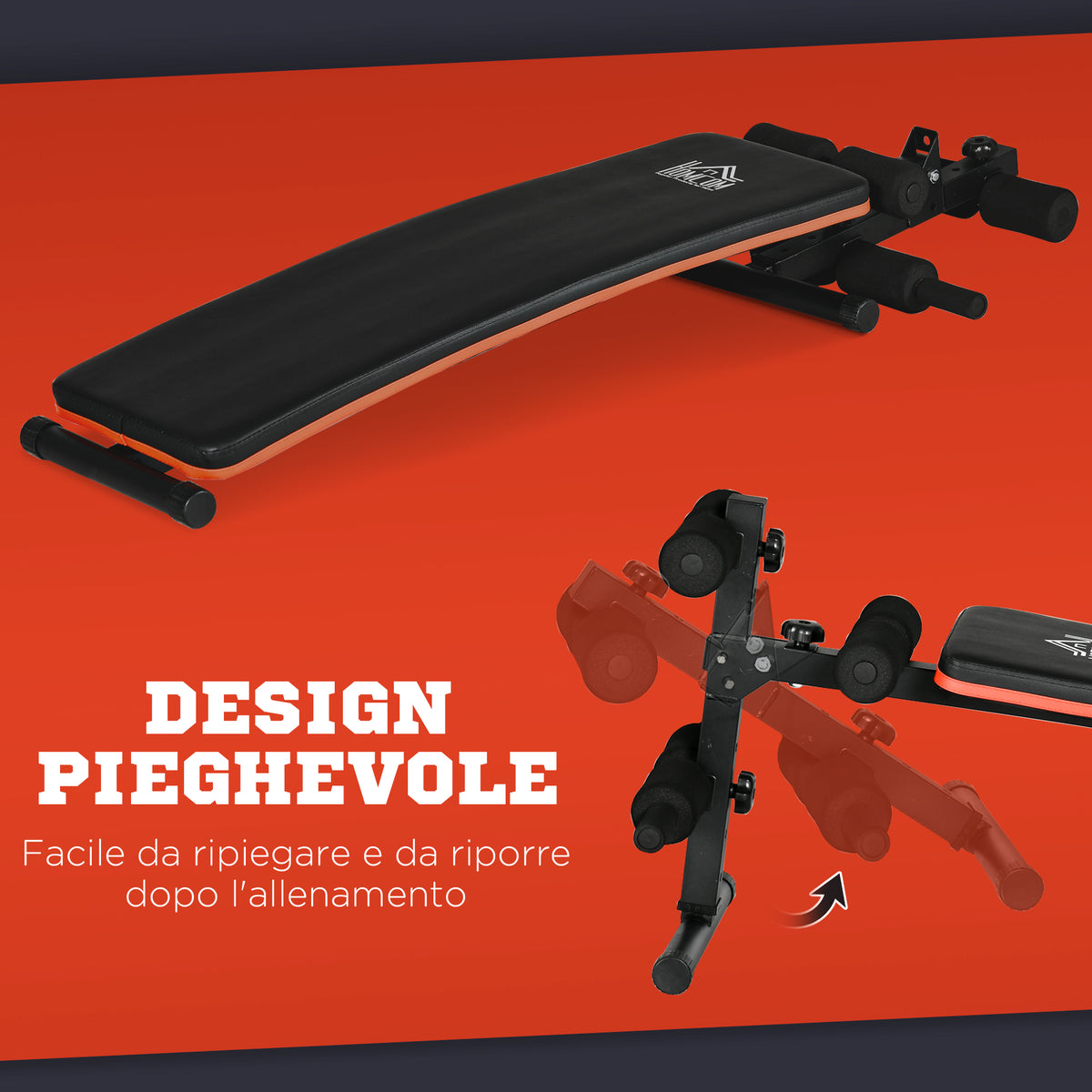 Panca per Addominali Pieghevole e Regolabile con Schienale Imbottito, 47x139x51-69cm, Nero e Rosso