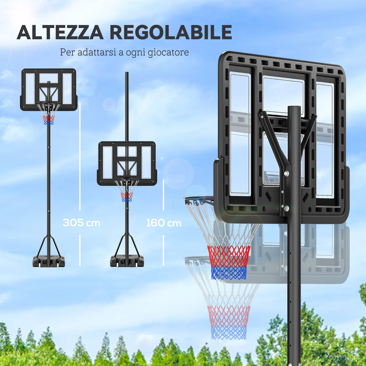 Canestro Basket Altezza Regolabile 160-305cm, Base con Ruote e Struttura in Acciaio, Tabellone in PVC Trasparente