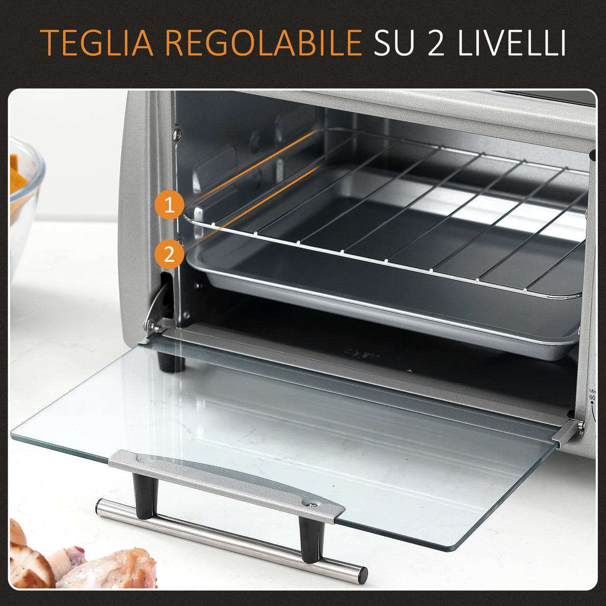 Fornetto Elettrico 10L Temperatura Regolabile e Timer, Griglia e Teglia Incluse, 750W, 36.5x26x22cm, Argento Nero