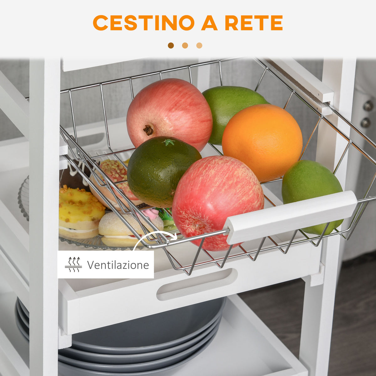 Carrello da Cucina Salvaspazio in Legno di Pino e MDF, Carrello Portaoggetti con Cassetto, Cestello, 2 Vassoi e 4 Ruote Universale, 37x37x82cm, Bianco