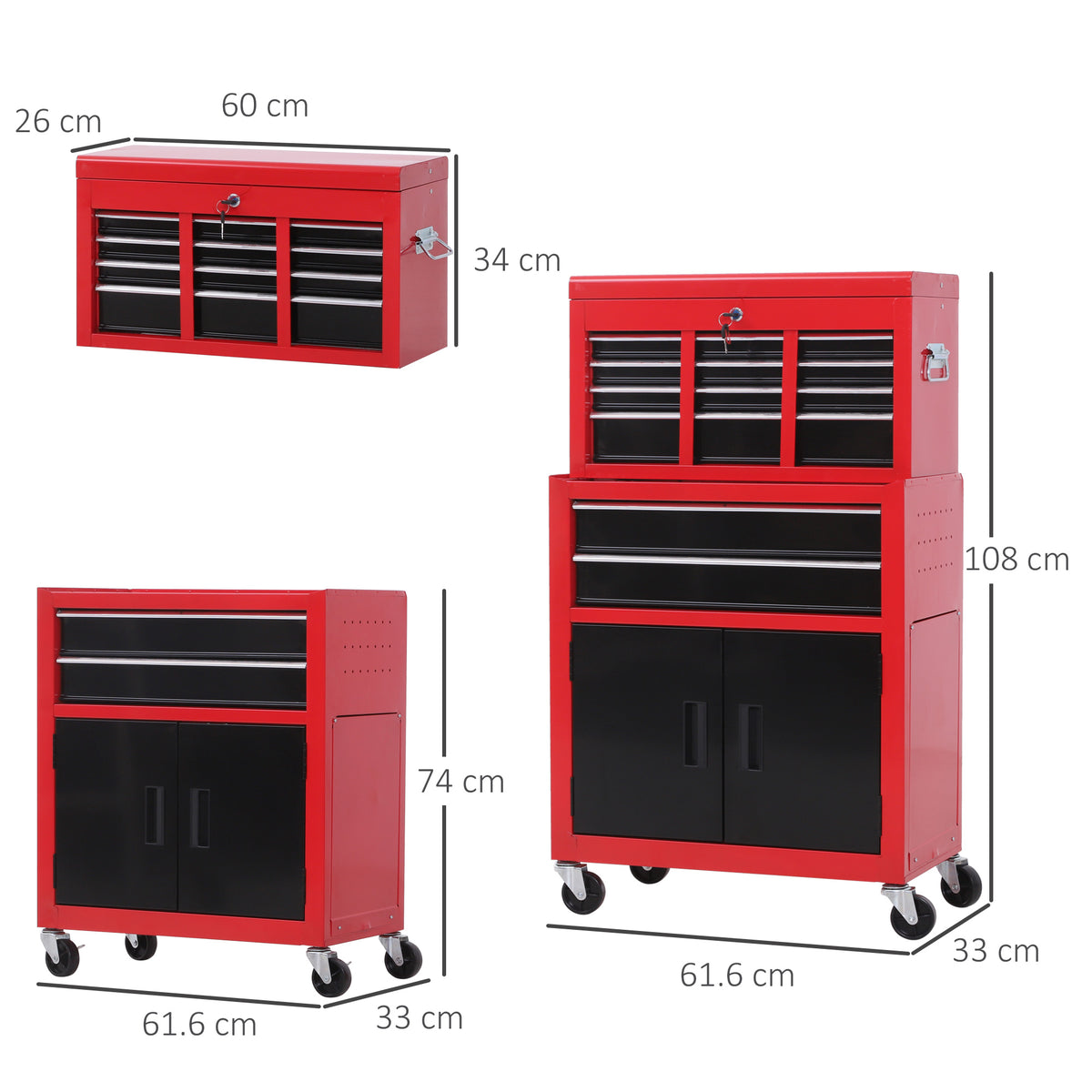 Carrello Porta Attrezzi 2 in 1 con Cassetta Superiore e Armadietto Inferiore, in Metallo, 61.6x33x108 cm, Rosso