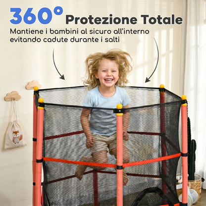 Trampolino Elastico per Bambini 1.6x1.9 m con Rete di Sicurezza e Pali Imbottiti, Età 3-10 Anni, Rosso