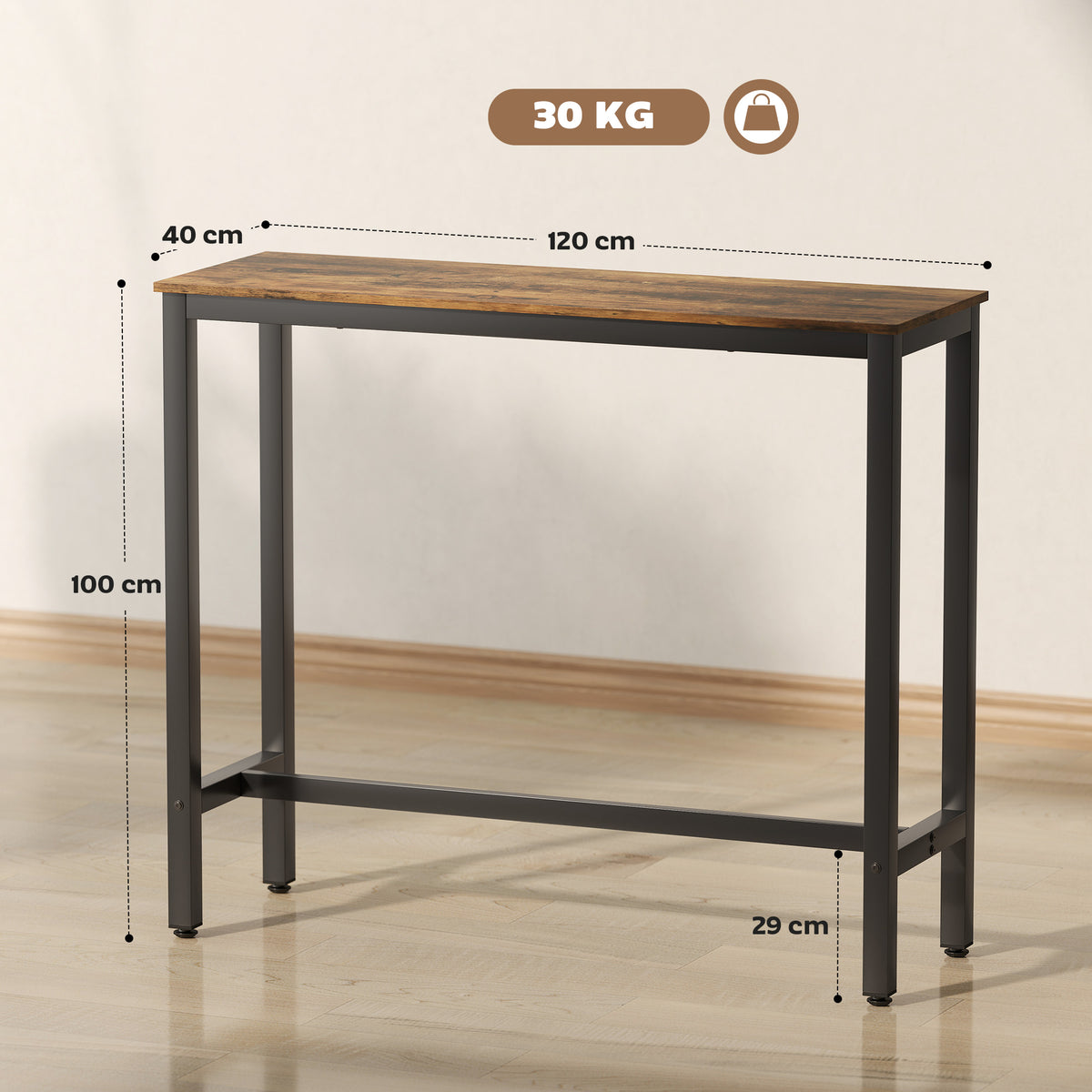 Tavolo Bar Alto e Rettangolare in Stile Industriale, in Acciaio e Legno, 120x40x100 cm Marrone Rustico