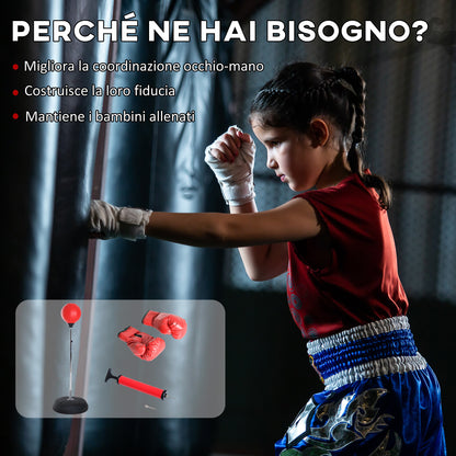 Punching Ball da Terra ad Altezza Regolabile con Guantoni da Boxe e Base Riempibile, 43x43x126-144 cm, Rosso