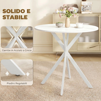 Tavolo da Pranzo Rotondo Stile Industriale con Gambe a Croce in Acciaio, 80x75 cm, Bianco