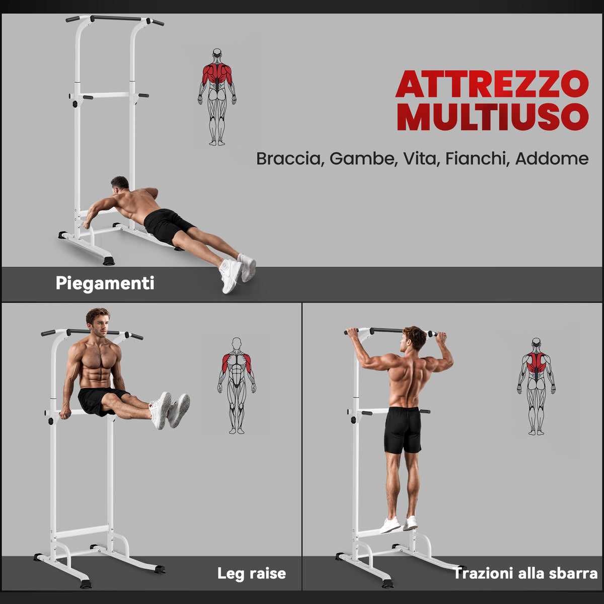 Stazione Fitness con Barre per Dip e Trazioni, Altezza Regolabile 176.5-227 cm e Capacità 120 kg, Bianco