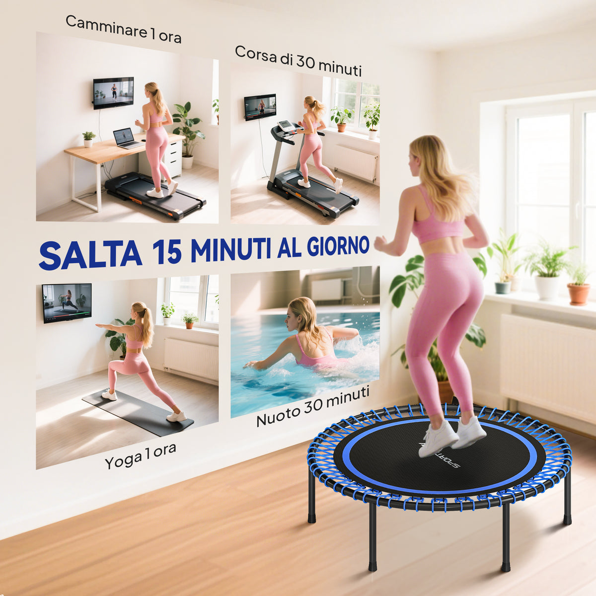 Trampolino Elastico Fitness a 36 Corde in Acciaio e PP, 114x31 cm, Blu