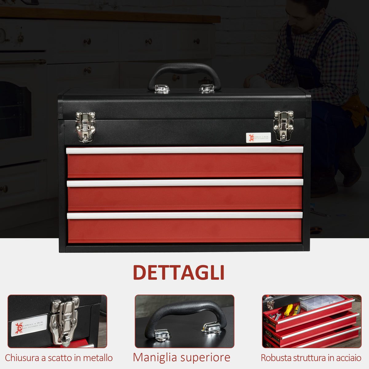 Cassetta Porta Attrezzi in Acciaio con 3 Cassetti e Vassoio Superiore, 51x22x32 cm, Rosso e Nero