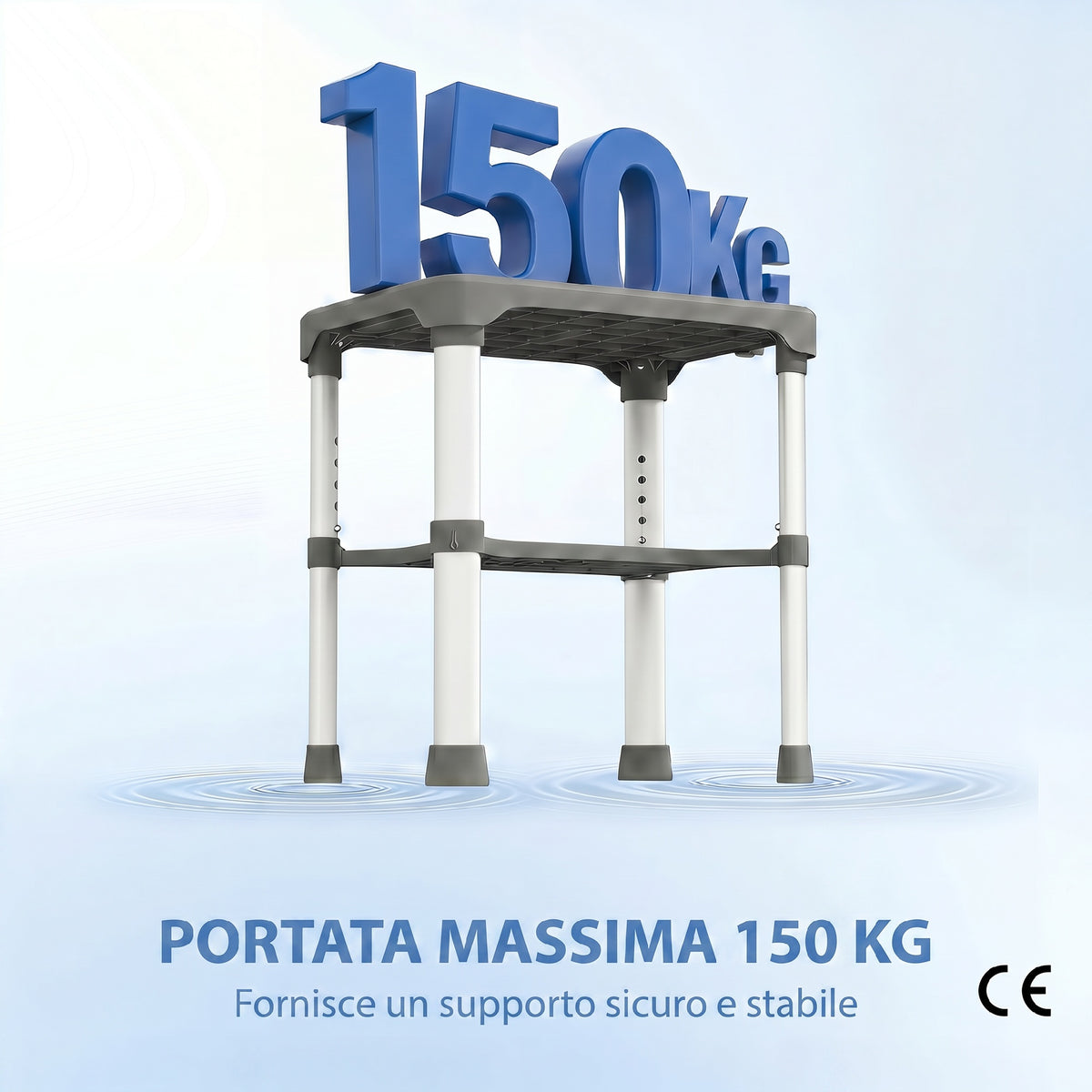 Sgabello per Doccia in Alluminio con Mensola Integrato, Altezza Regolabile 5 Livelli, Portata 150kg, Grigio