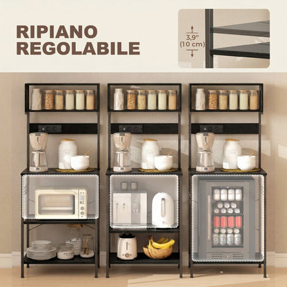 Scaffale da Cucina con Multipresa per Microonde con Ripiani e Ganci Stile Industriale, Legno e Acciaio, Nero