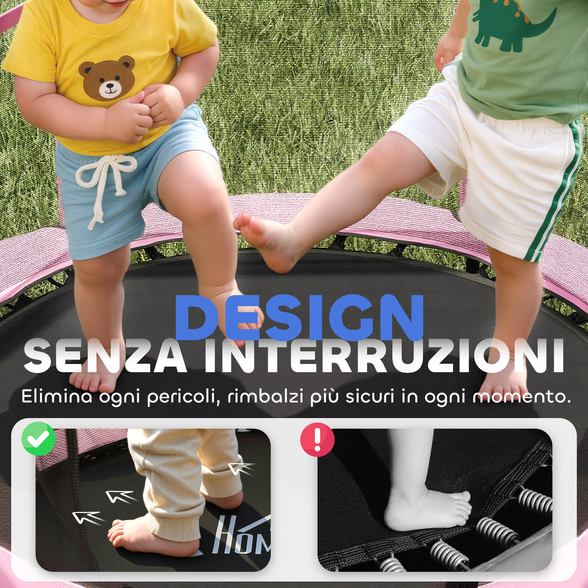 Tappeto Elastico per Bambini con Rete di Sicurezza e Pali Imbottiti Età 3-10 Anni, 140 x 190 cm, Rosa