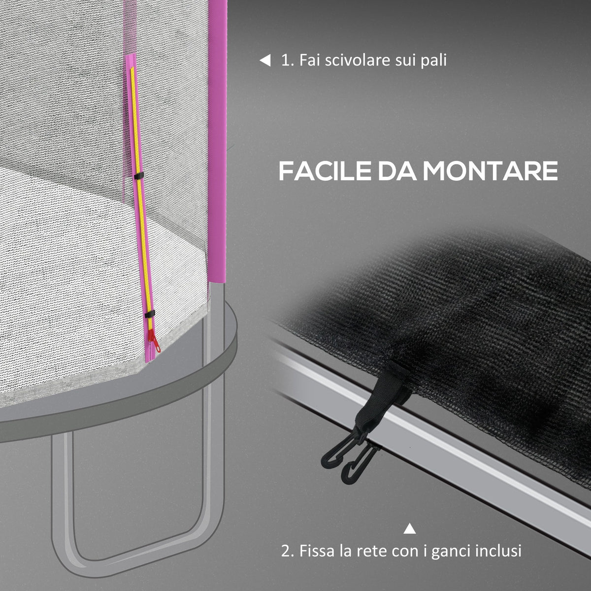Rete di Protezione per Trampolini a 8 Pali con Ingresso con Cerniera, in PE, 366x180 cm, Nero e Rosa