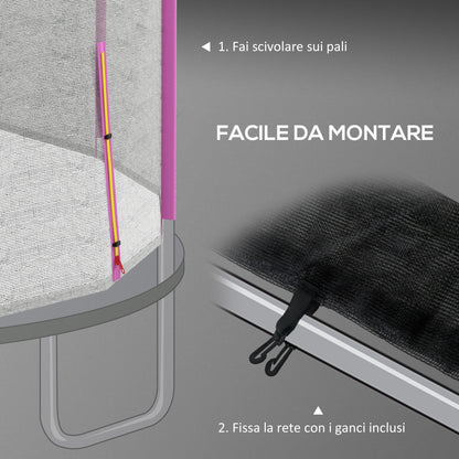 Rete di Protezione per Trampolini a 8 Pali con Ingresso con Cerniera, in PE, 366x180 cm, Nero e Rosa