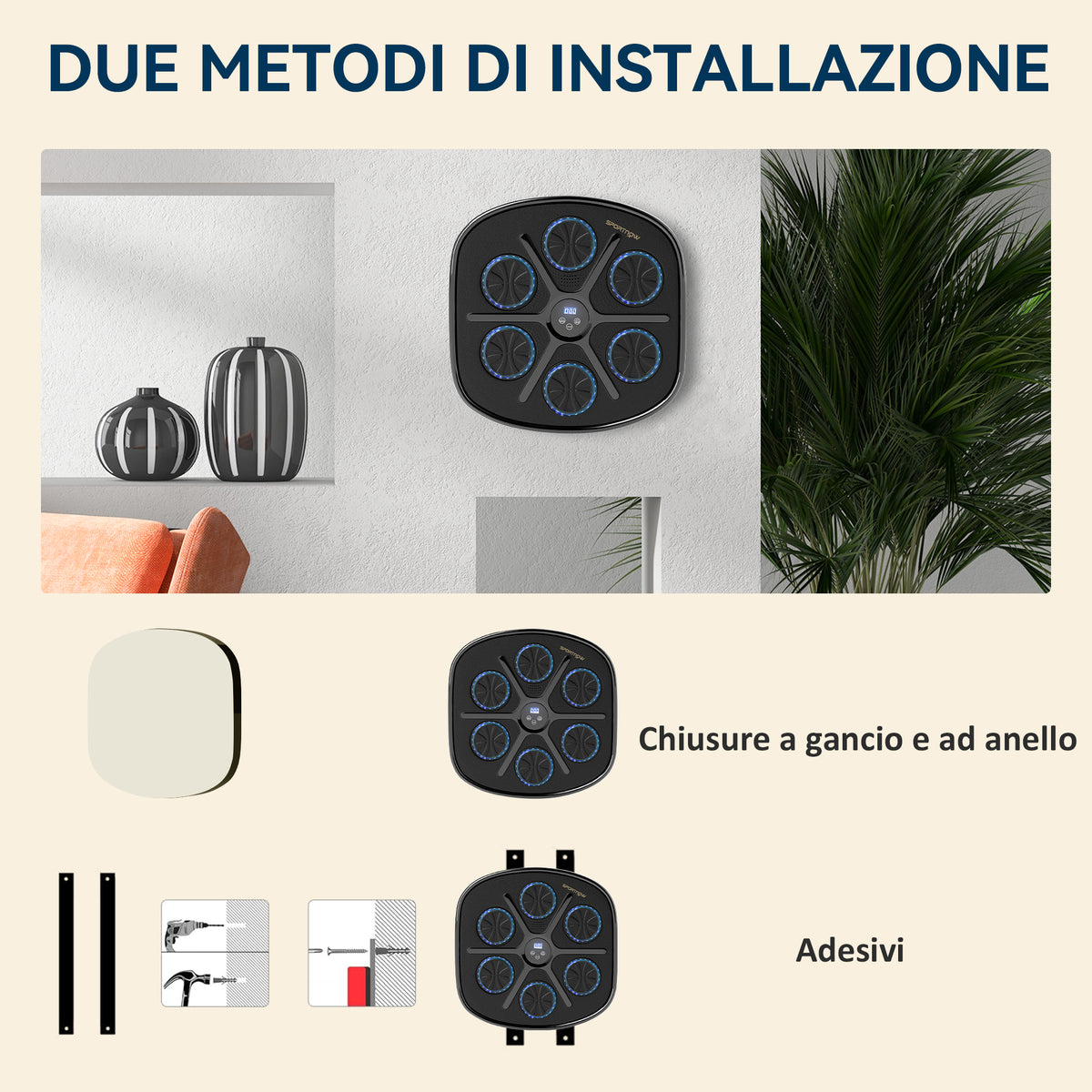Boxing Machine Musicale a Parete con 9 Velocità, Connessione Bluetooth e Guanti, 41.8x44.6x7.5 cm, Nero e Blu