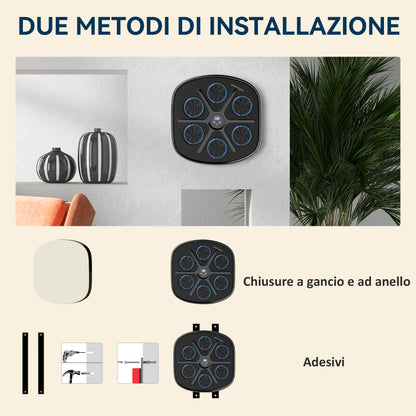 Boxing Machine Musicale a Parete con 9 Velocità, Connessione Bluetooth e Guanti, 41.8x44.6x7.5 cm, Nero e Blu