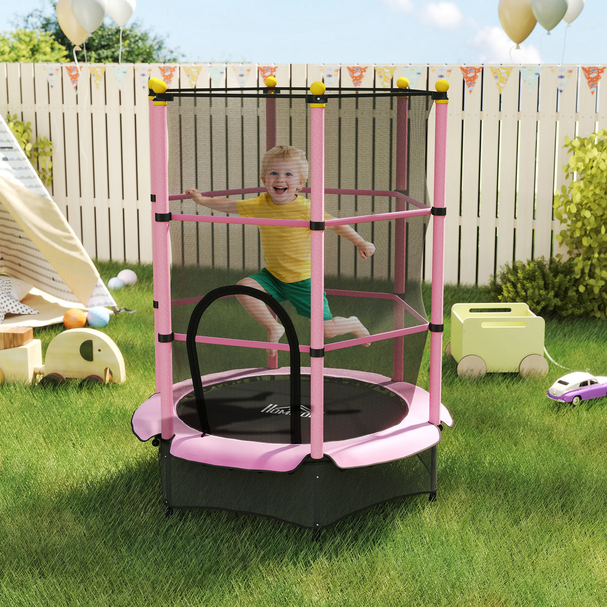 Tappeto Elastico per Bambini con Rete di Sicurezza e Pali Imbottiti Età 3-10 Anni, 140 x 190 cm, Rosa
